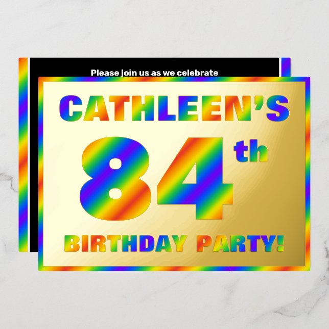 84th Birthday Party — Fun, Rainbow Spectrum “84” Foil Invitation (Front/Back)