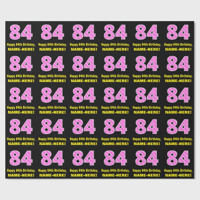 84th Birthday: Pink Stripes and Hearts "84" + Name Wrapping Paper (Flat)