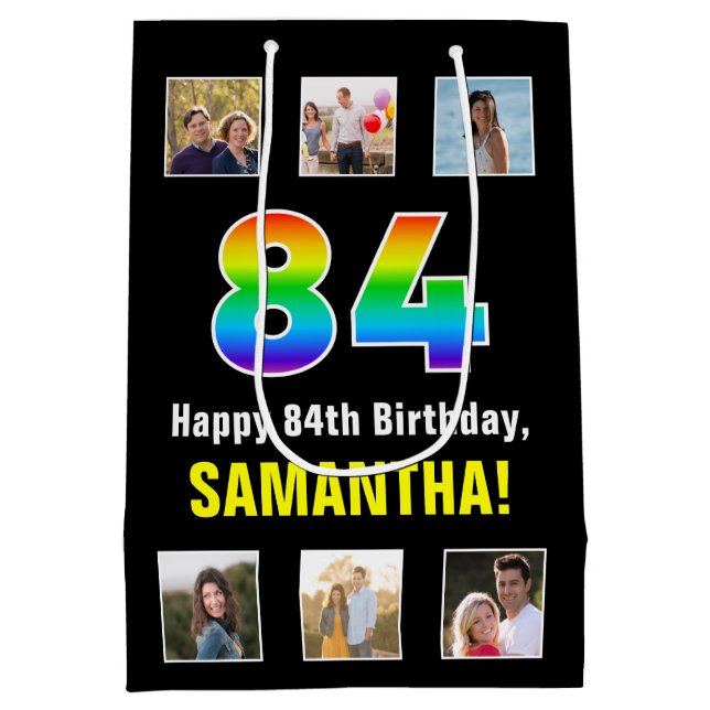 84th Birthday: Rainbow “84“, Custom Photos & Name Medium Gift Bag (Back)