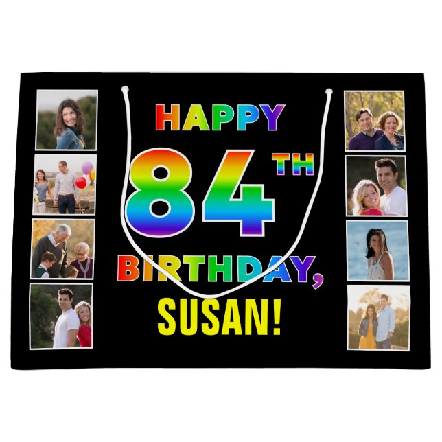 84th Birthday: Rainbow Text, Custom Photos & Name Large Gift Bag (Front)