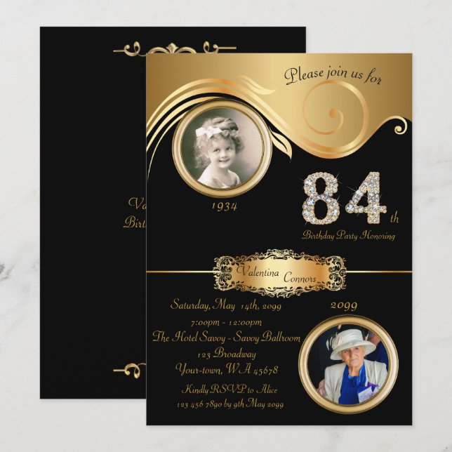 84th,Birthday Woman 84th,elegant art deco,black Invitation (Front/Back)
