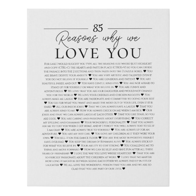 85 reasons why we love you 80th 60th birthday 40th faux canvas print (Front)