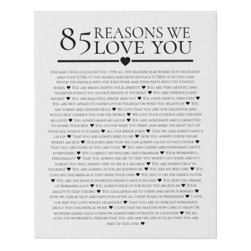 85 reasons why we love you 80th 60th birthday 40th faux canvas print