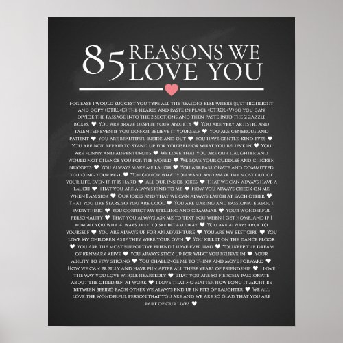 85 reasons why we love you 80th 60th birthday 40th poster