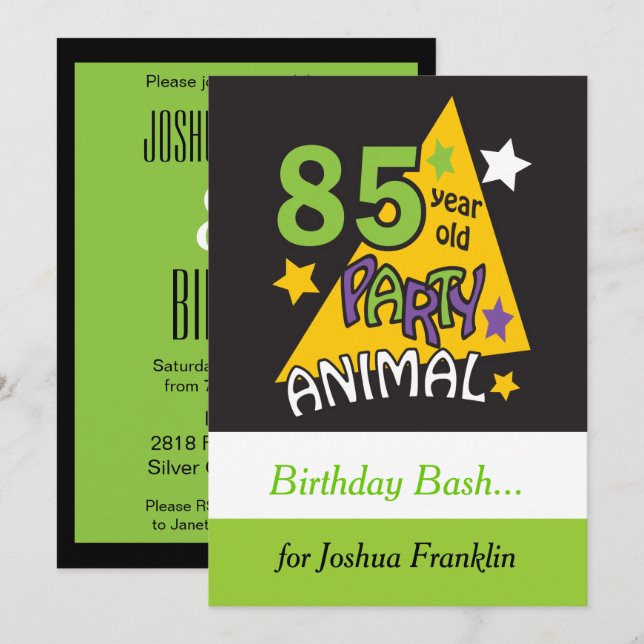 85 Year Old Party Animal - 85th Birthday Invitation (Front/Back)