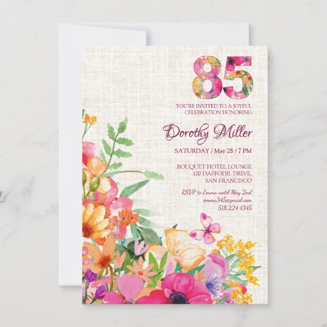 85 Years Flowers Floral Linen 85th Birthday Invitation (Front)