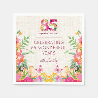 85 Years Flowers Floral Linen 85th Birthday Napkins