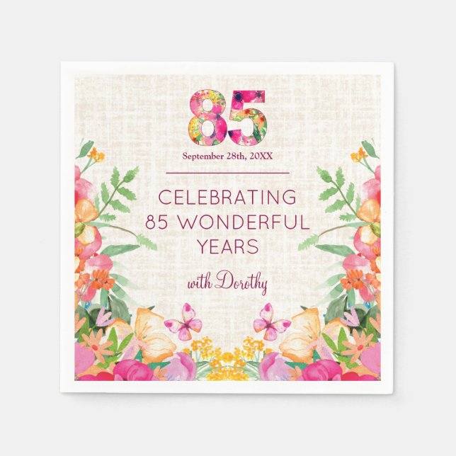 85 Years Flowers Floral Linen 85th Birthday Napkins (Front)
