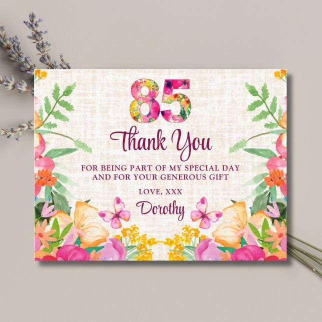 85 Years Flowers Floral Linen 85th Birthday Thanks Postcard (Creator Uploaded)