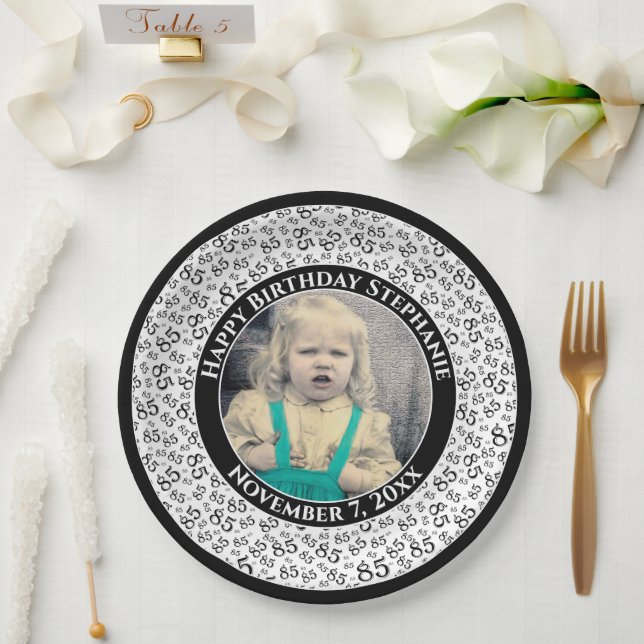 85 Your Photo Random Number Pattern Black/White Paper Plates (Wedding)