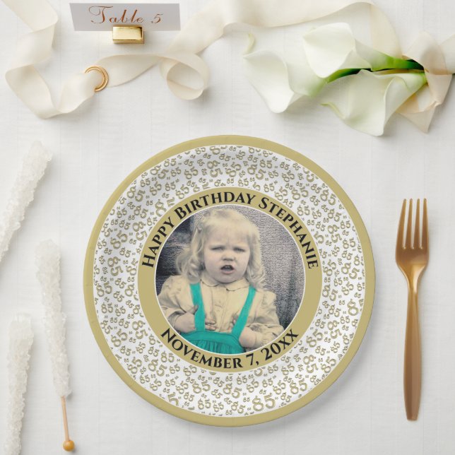 85 Your Photo Random Number Pattern Gold/White Paper Plates (Wedding)
