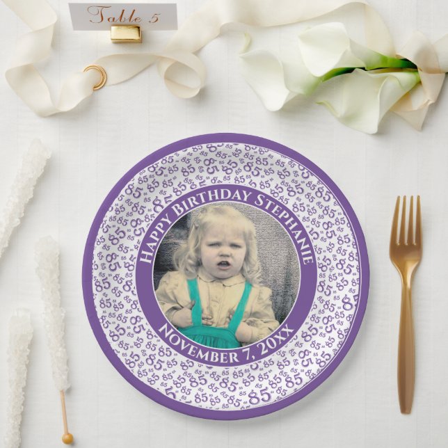 85 Your Photo Random Number Pattern Purple/White Paper Plates (Wedding)