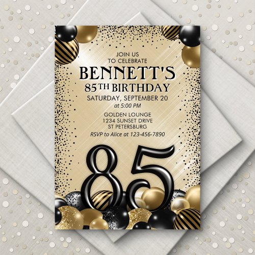 85th Balloons Black Gold Birthday Invitation