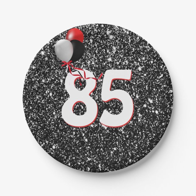 85th Birthday Balloons on Black Glitter Paper Plates (Front)