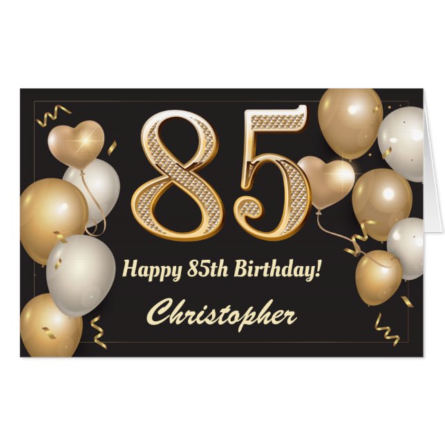 85th Birthday Black and Gold Balloons Extra Large Card (Front Horizontal)