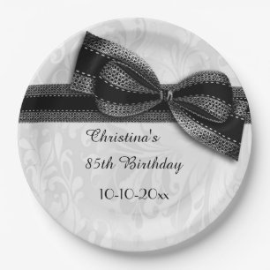 85th Birthday Black Damask and Faux Bow Paper Plates