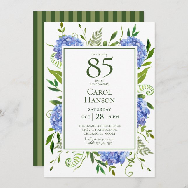 85th Birthday Blue Hydrangeas Invitation (Front/Back)