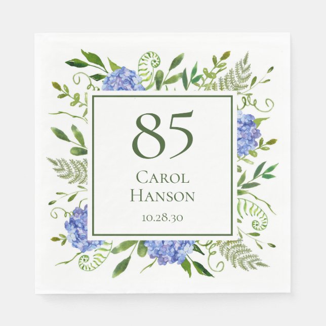 85th Birthday Blue Hydrangeas Napkins (Front)