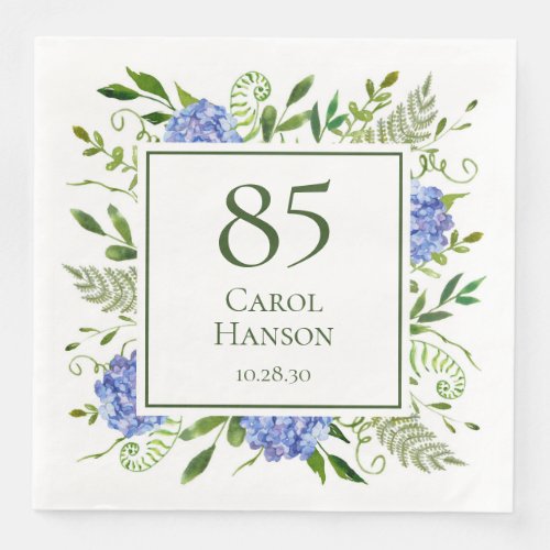 85th Birthday Blue Hydrangeas Paper Dinner Napkins