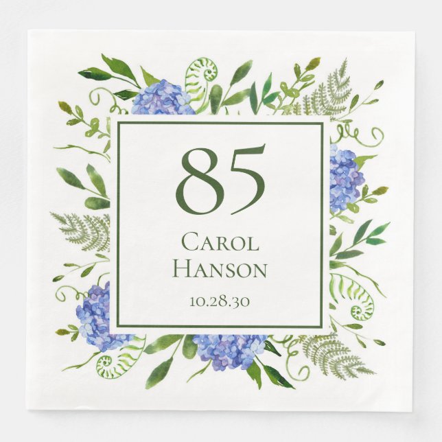 85th Birthday Blue Hydrangeas Paper Dinner Napkins (Front)