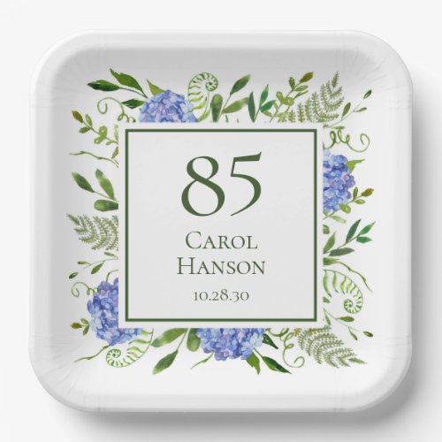 85th Birthday Blue Hydrangeas Paper Plates