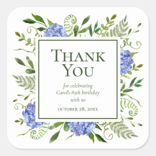 85th Birthday Blue Hydrangeas Thank You Square Sticker