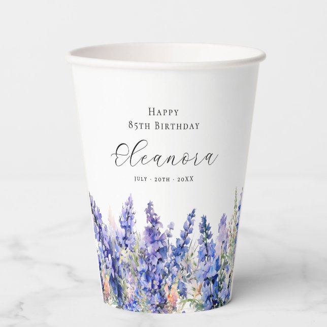 85th Birthday Blue July Birth Month Flower Custom Paper Cups (Front)