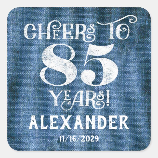 85th Birthday Blue Linen Thank You Favor Stickers (Front)