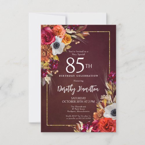85th Birthday Burgundy Fall Flowers Elegant Script Invitation