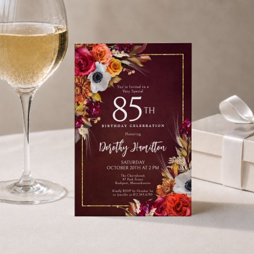 85th Birthday Burgundy Fall Flowers Elegant Script Invitation