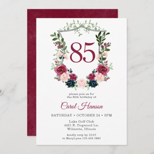 85th Birthday Burgundy Floral Crest Invitation