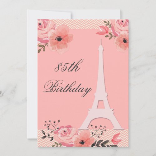 85th Birthday Chic Floral Paris Eiffel Tower Invitation