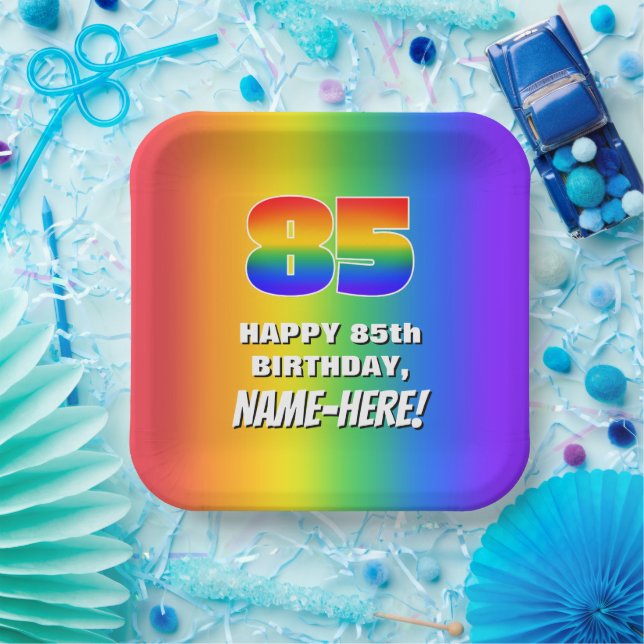 85th Birthday: Colorful, Fun Rainbow Pattern # 85 Paper Plates (Party)