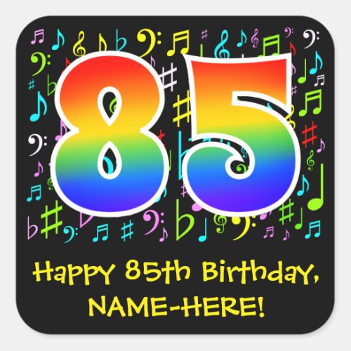 85th Birthday Colorful Music Symbols Rainbow 85 Square Sticker