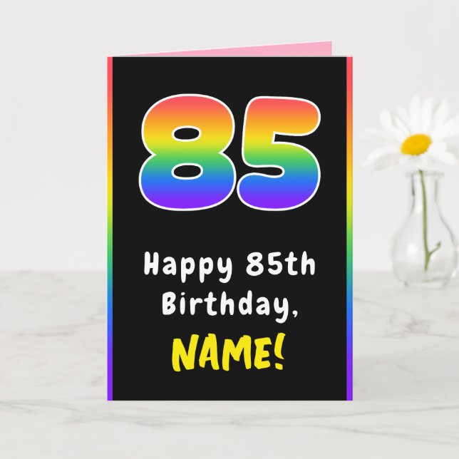85th Birthday: Colorful Rainbow # 85, Custom Name Card (Small Plant)