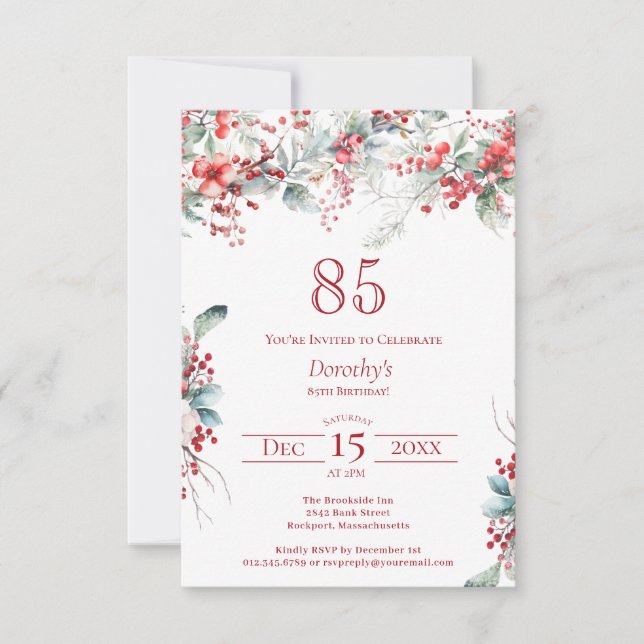 85th Birthday Elegant Winter Berry Botanical Invitation (Front)