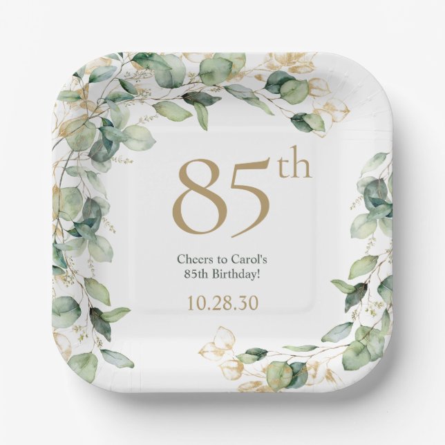 85th Birthday Eucalyptus Paper Plates (Front)