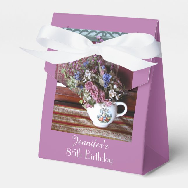 85th Birthday Favor Box, Vintage Teapot Boxes (Front Side)