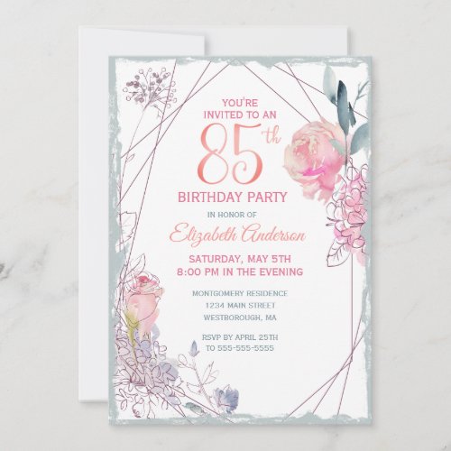 85th Birthday Floral Blush Rose Watercolor Party Invitation