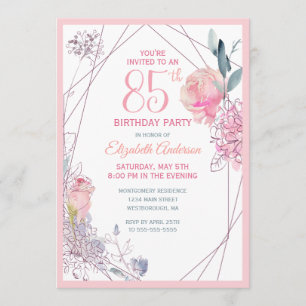85th Birthday Floral Blush Rose Watercolor Party Invitation