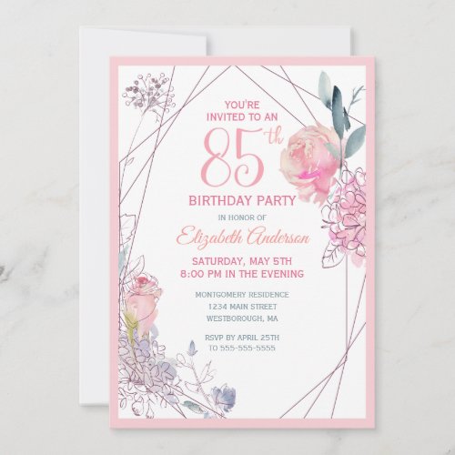 85th Birthday Floral Blush Rose Watercolor Party Invitation