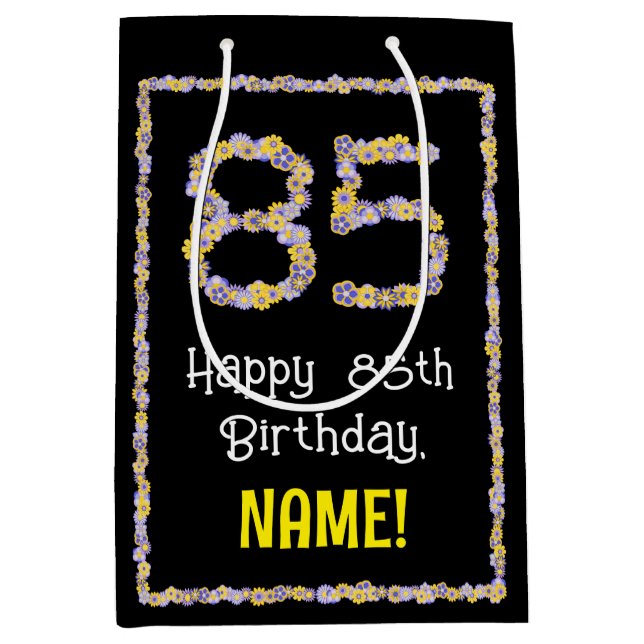 85th Birthday: Floral Flowers Number, Custom Name Medium Gift Bag (Front)