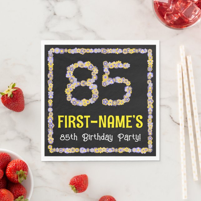 85th Birthday: Floral Flowers Number, Custom Name Napkins (Insitu)