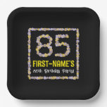 [ Thumbnail: 85th Birthday: Floral Flowers Number, Custom Name Paper Plates ]