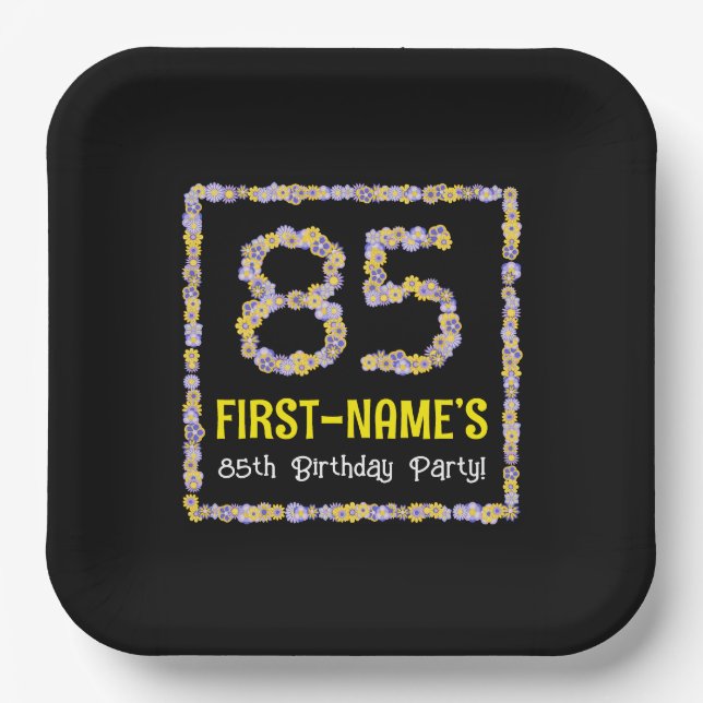 85th Birthday: Floral Flowers Number, Custom Name Paper Plates (Front)