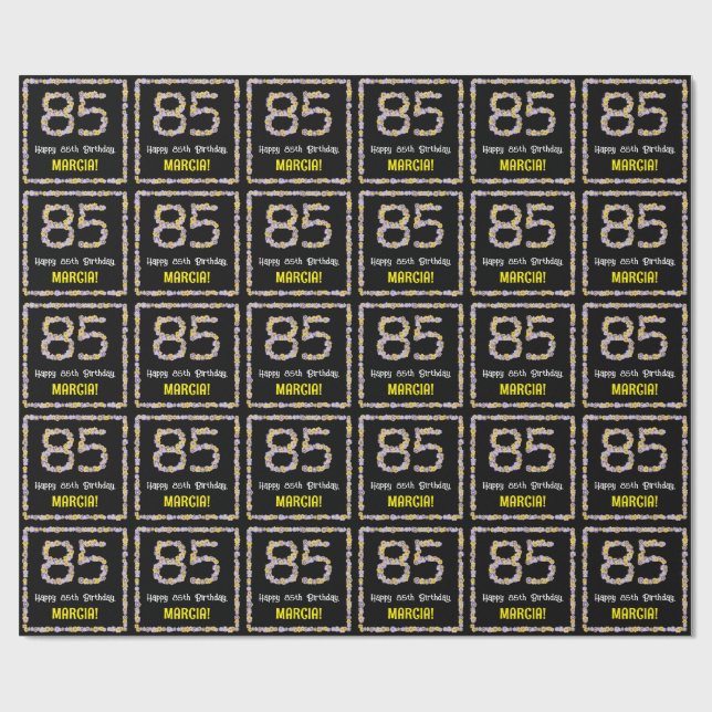 85th Birthday: Floral Flowers Number, Custom Name Wrapping Paper (Flat)