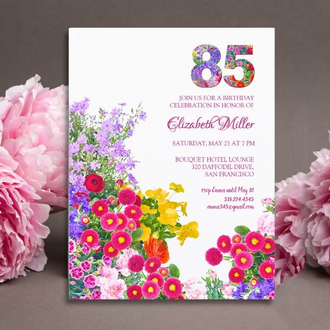 85th Birthday Floral Modern - 85 Years invitation Postcard (Creator Uploaded)