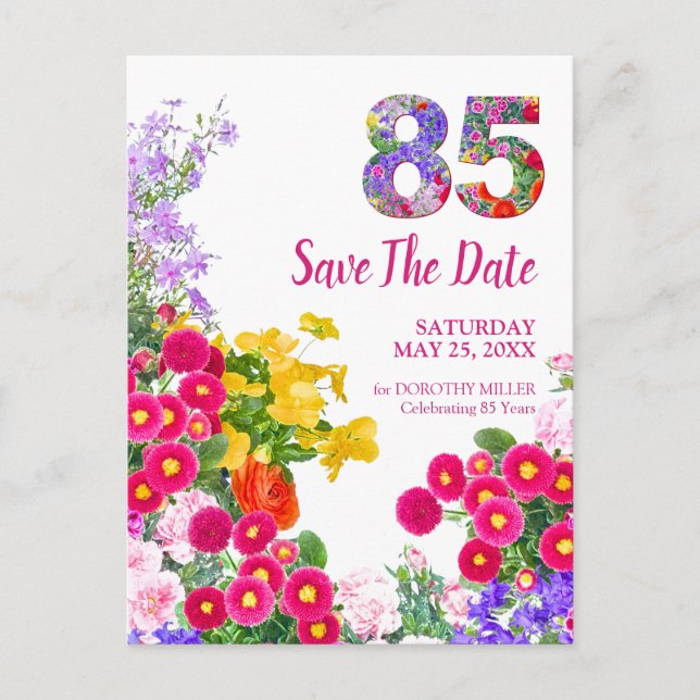85th birthday Floral Modern Save The Date Announcement Postcard (Front)
