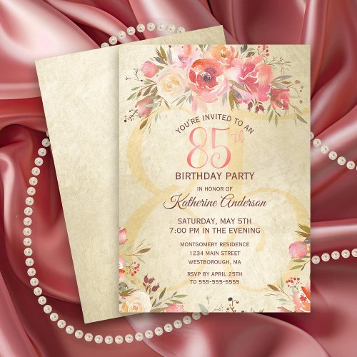 85th Birthday Floral Pink Roses Gold Shimmer Party Invitation