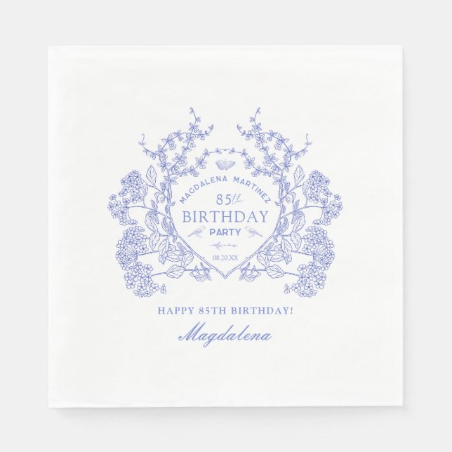 85th Birthday French Blue Floral Crest Custom Napkins (Front)